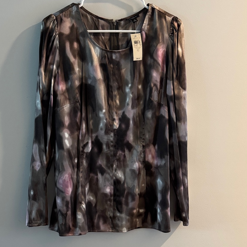 Ann Taylor Long Sleeve Abstract Satin Blouse - Black, Gray & Pink